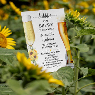 Sunflowers Bubbles and Brews Birthday Party Invitation