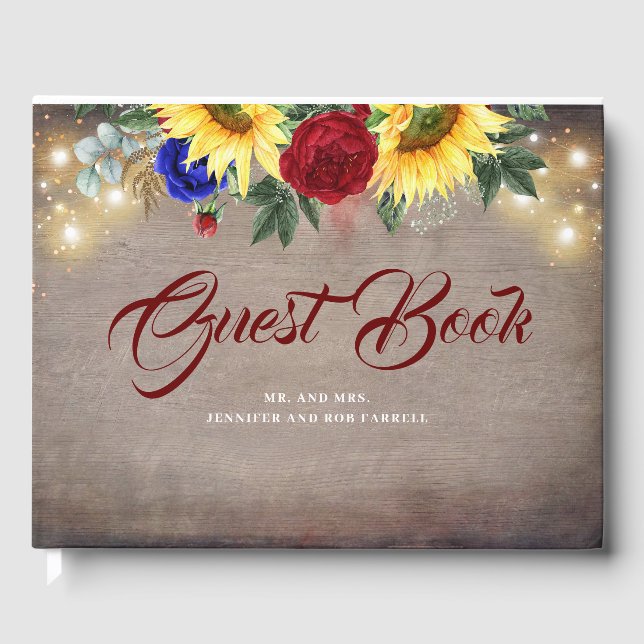Sunflowers - Burgundy and Navy Blue Rustic Fall Guest Book (Front)