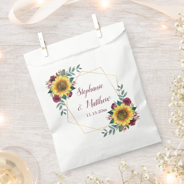 Sunflowers Burgundy Floral Geometric Wedding Favour Bags (Clipped)
