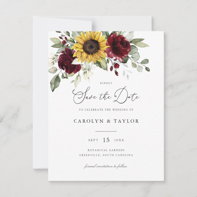 Sunflowers Burgundy Floral Greenery Rustic Wedding Invitation (Front)