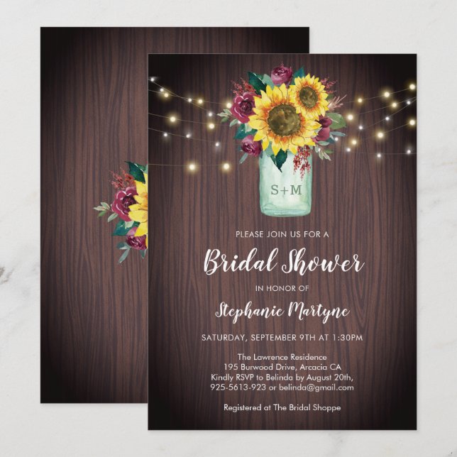 Sunflowers Burgundy Floral Mason Jar Bridal Shower Invitation (Front/Back)