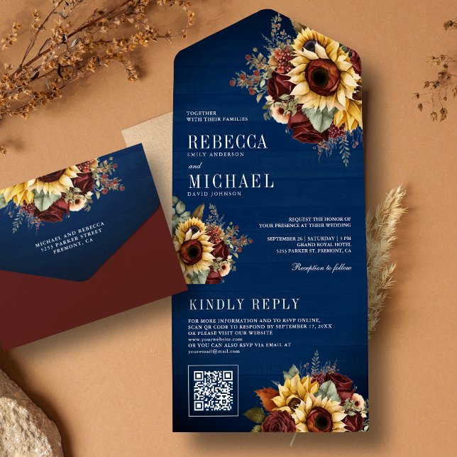  Sunflowers Burgundy Floral QR Code Navy Wedding All In One Invitation (Creator Uploaded)