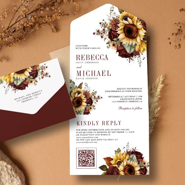  Sunflowers Burgundy Floral QR Code Wedding All In One Invitation (Creator Uploaded)