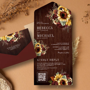 Sunflowers Burgundy Floral QR Code Wood Wedding All In One Invitation