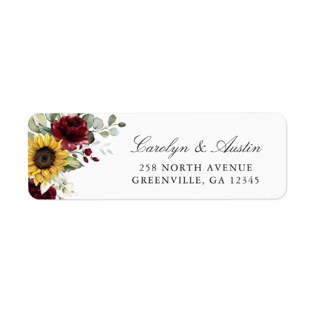 Sunflowers Burgundy Floral Return Address Label (Front)