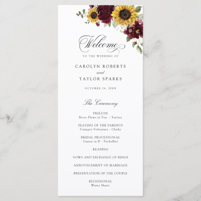 Sunflowers Burgundy Floral Rustic Wedding Program Programme (Front)