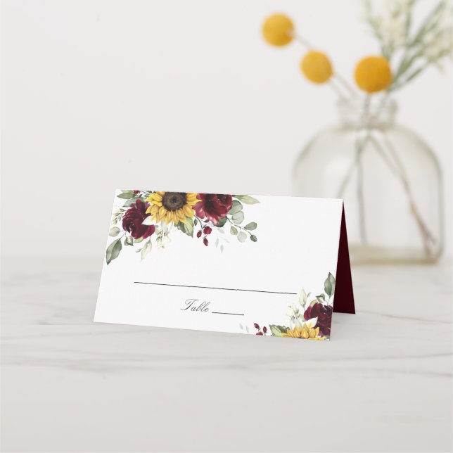 Sunflowers Burgundy Floral Wedding Place Card (Front)