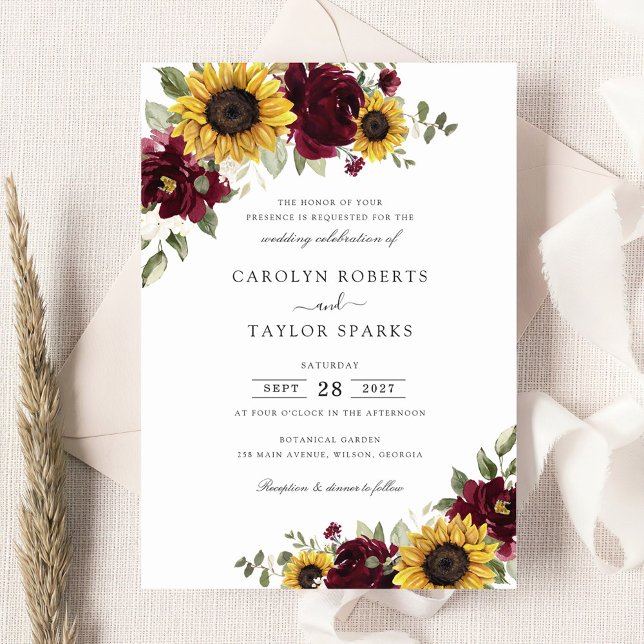 Sunflowers Burgundy Flowers Greenery Wedding Invitation (Creator Uploaded)