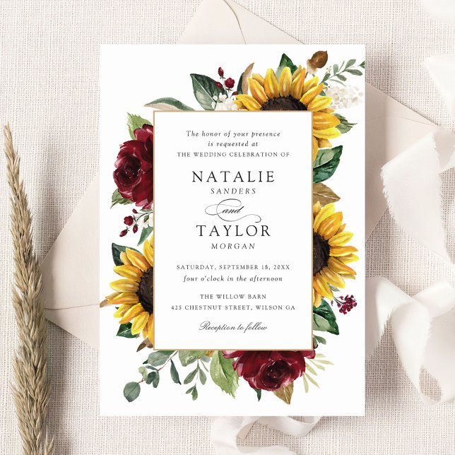 Sunflowers Burgundy Greenery Floral Rustic Wedding Invitation (Creator Uploaded)