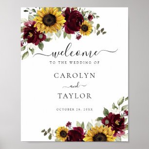 Sunflowers Burgundy Greenery Wedding Welcome Sign