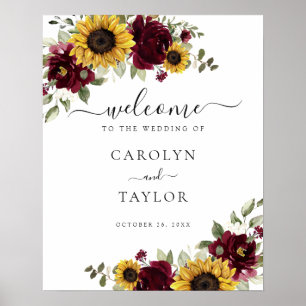 Sunflowers Burgundy Greenery Wedding Welcome Sign