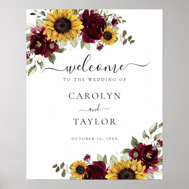 Sunflowers Burgundy Greenery Wedding Welcome Sign (Front)