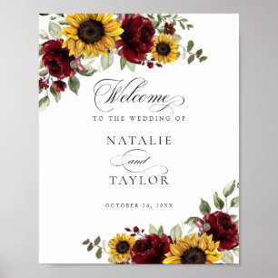 Sunflowers Burgundy Greenery Wedding Welcome Sign