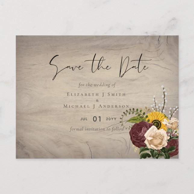 Sunflowers Burgundy Marsala Cheap Budget Wedding Postcard (Front)