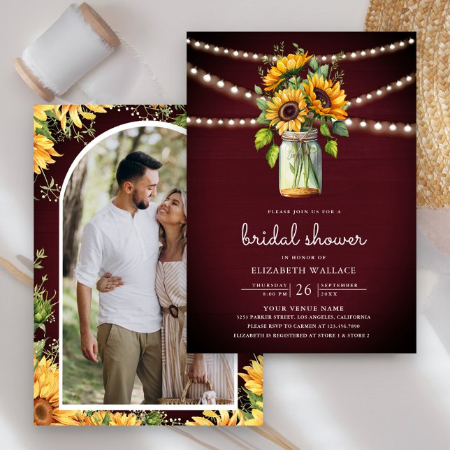 Sunflowers Burgundy Mason Jar Photo Bridal Shower Invitation (Creator Uploaded)