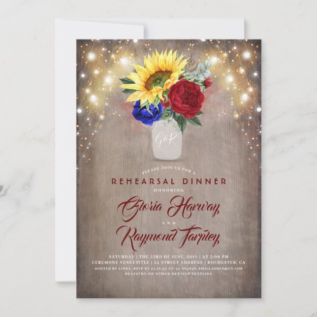 Sunflowers - Burgundy Navy Blue Rehearsal Dinner Invitation (Front)