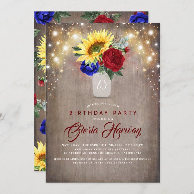Sunflowers Burgundy Navy Blue Rustic Birthday Invitation (Front/Back)