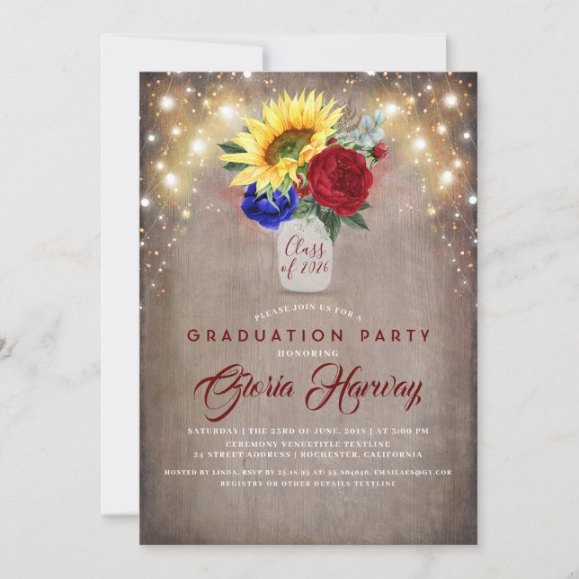 Sunflowers Burgundy Navy Blue Rustic Graduation Invitation (Front)
