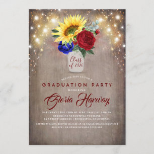 Sunflowers Burgundy Navy Blue Rustic Graduation Invitation