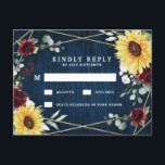 Sunflowers Burgundy Navy Geometric Wedding RSVP Postcard<br><div class="desc">Design features a printed dark navy blue wood grain background with a geometric gold coloured frame that's decorated with burgundy red roses,  blush floral elements,  sunflowers,  greenery and eucalyptus.</div>