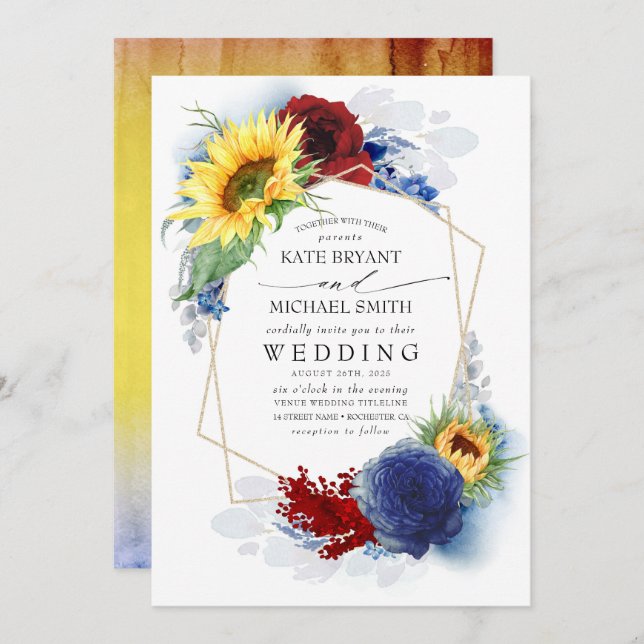 Sunflowers Burgundy Red and Navy Blue Fall Wedding Invitation (Front/Back)
