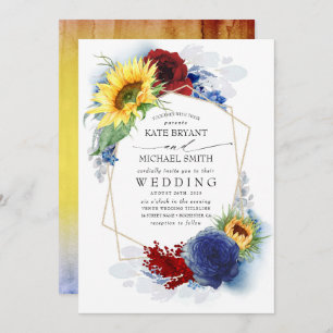 Sunflowers Burgundy Red and Navy Blue Fall Wedding Invitation