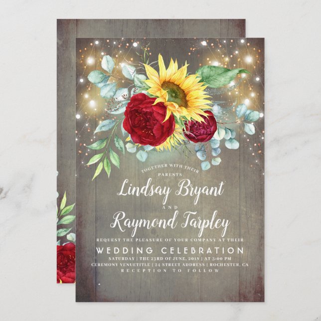 Sunflowers Burgundy Red Floral Rustic Fall Wedding Invitation (Front/Back)