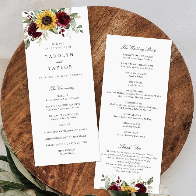 Sunflowers Burgundy Red Floral Rustic Wedding Programme (Creator Uploaded)