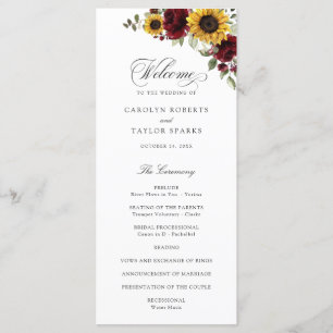 Sunflowers Burgundy Red Floral Rustic Wedding Programme