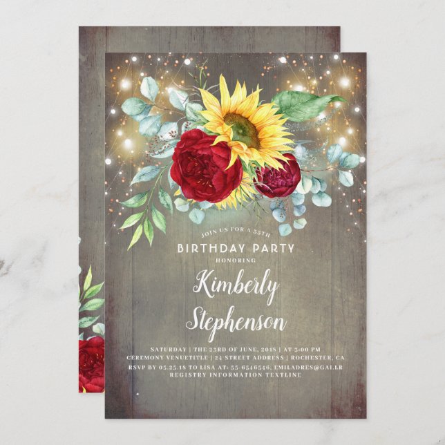 Sunflowers Burgundy Red Rustic Fall Birthday Invitation (Front/Back)