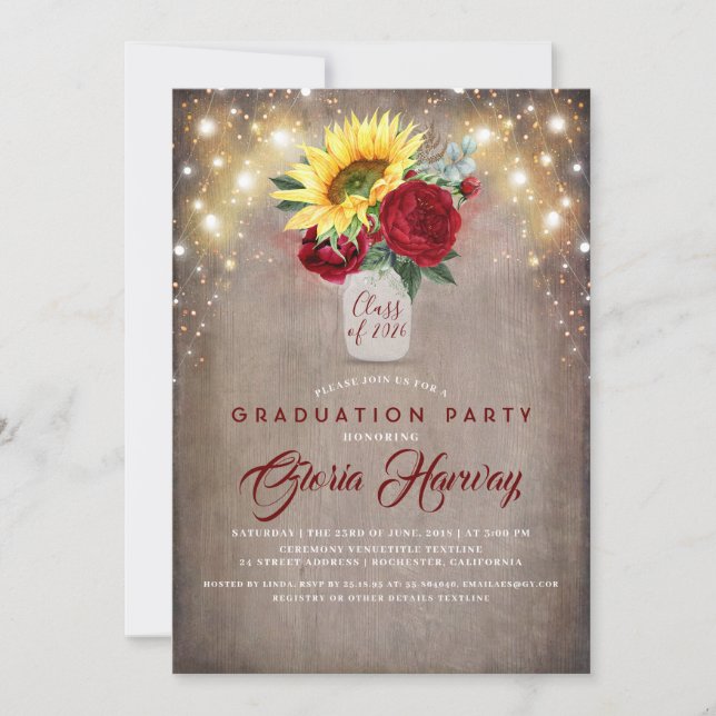 Sunflowers Burgundy Red Rustic Fall Graduation Invitation (Front)