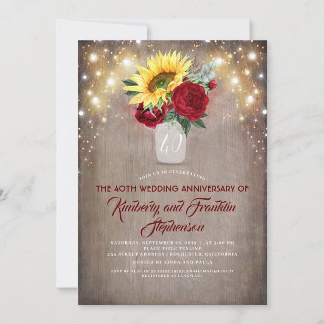 Sunflowers Burgundy Red Rustic Wedding Anniversary Invitation (Front)