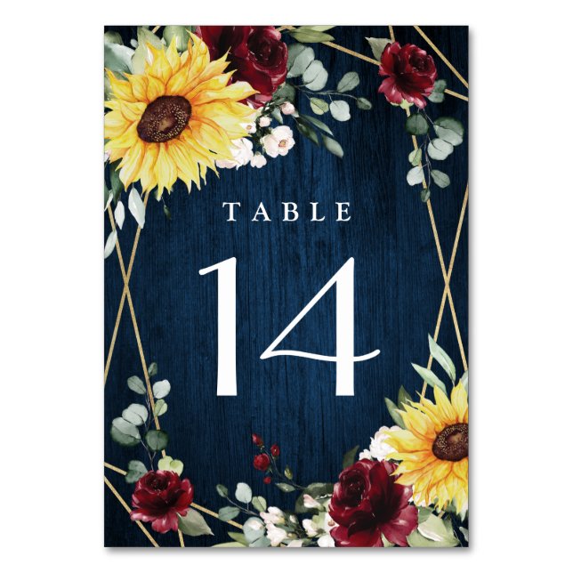 Sunflowers Burgundy Roses Navy Geometric Wedding Table Number (Front)