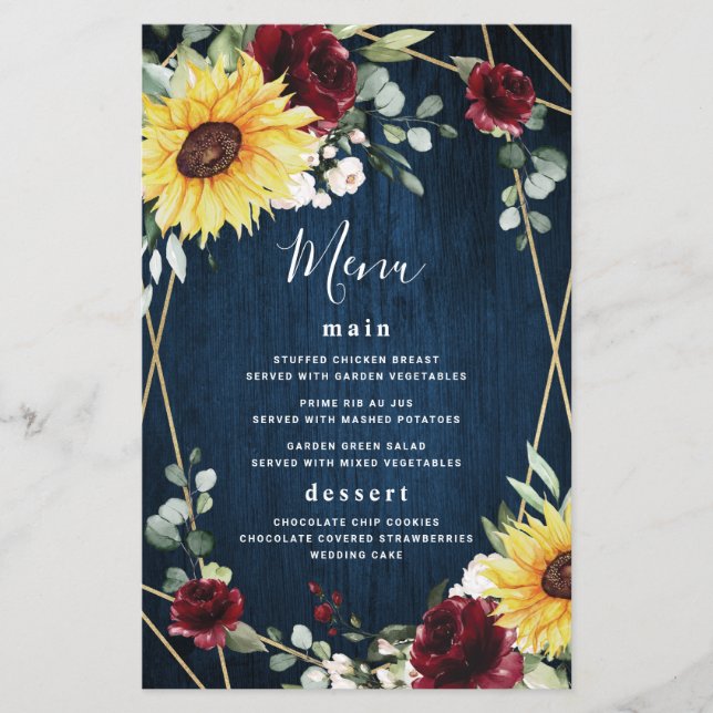 Sunflowers Burgundy Roses Navy Wedding Menu Cards (Front)