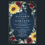 Sunflowers Burgundy Roses Navy Wedding Programs<br><div class="desc">Design features a printed dark navy blue wood grain background with a geometric gold coloured frame that's decorated with burgundy red roses,  blush floral elements,  sunflowers,  greenery and eucalyptus.</div>