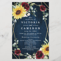 Sunflowers Burgundy Roses Navy Wedding Programs