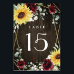 Sunflowers Burgundy Roses Rustic Geometric Wedding Table Number<br><div class="desc">Design features a printed barn wood grain background with a geometric gold coloured frame that's decorated with burgundy red roses,  blush floral elements,  sunflowers,  eucalyptus and other greenery.</div>