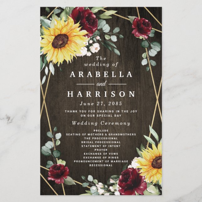 Sunflowers Burgundy Roses Rustic Wedding Programs (Front)