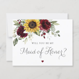 Sunflowers Burgundy Wedding Maid of Honour Card