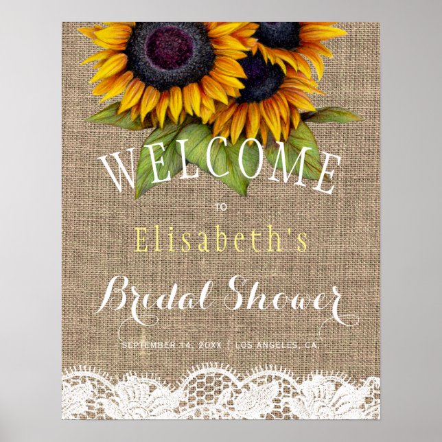 Sunflowers burlap and lace autumn bridal shower poster (Front)