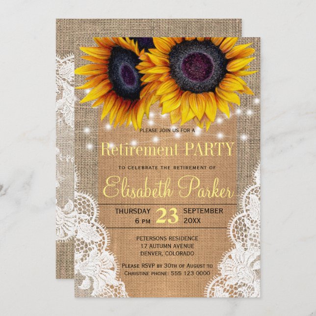 Sunflowers burlap and lace autumn retirement party invitation (Front/Back)