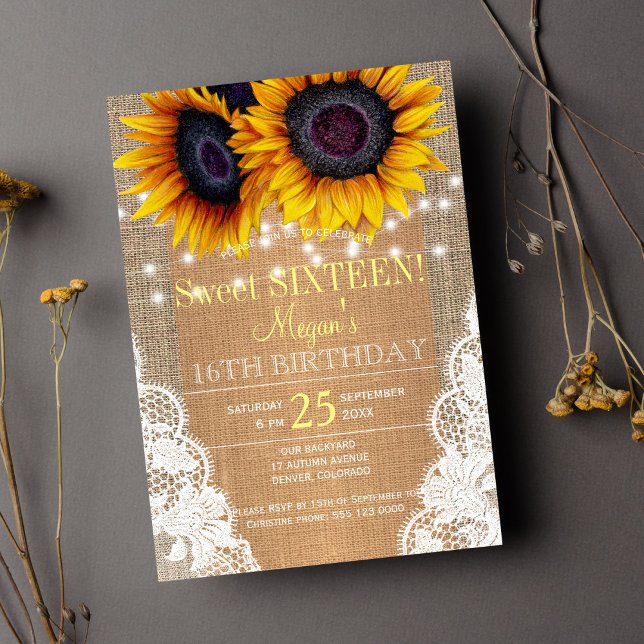 Sunflowers burlap and lace autumn sweet sixteen invitation (Creator Uploaded)
