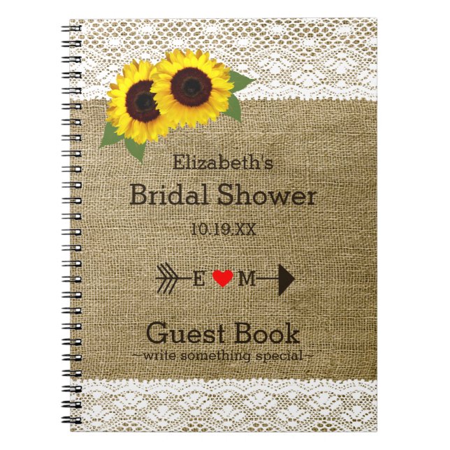 Sunflowers Burlap Lace Bridal Shower Guest Book | (Front)