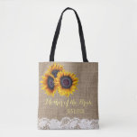 Sunflowers burlap lace wedding mother of the bride tote bag<br><div class="desc">Rustic elegant summer or autumn fall wedding stylish mother of the bride / mother of the groom / bridesmaid / maid of honour / flower girl tote bag on beige faux burlap featuring beautiful yellow gold sunflowers bouquets and white lace borders on both faces. Easy to personalise with bridesmaid's name...</div>