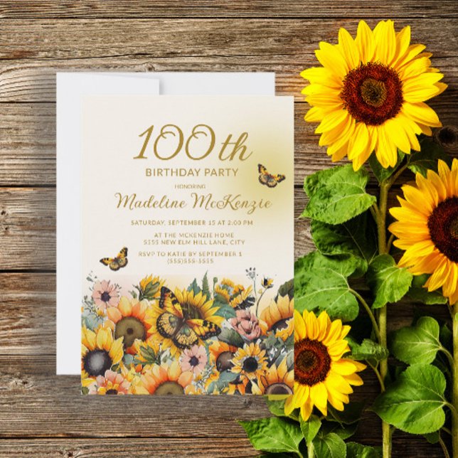 Sunflowers Butterflies 100th Birthday Party Invitation (Creator Uploaded)