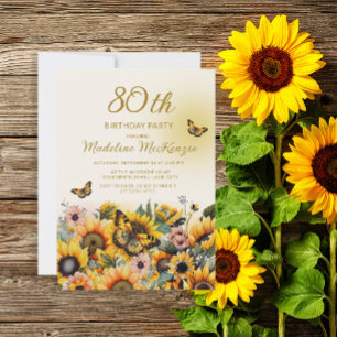 Sunflowers Butterflies 80th Birthday Party Invitation