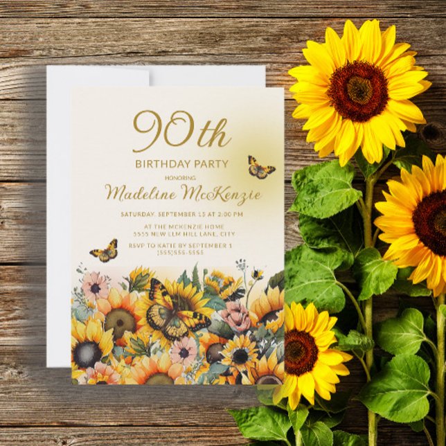 Sunflowers Butterflies 90th Birthday Party Invitation (Creator Uploaded)