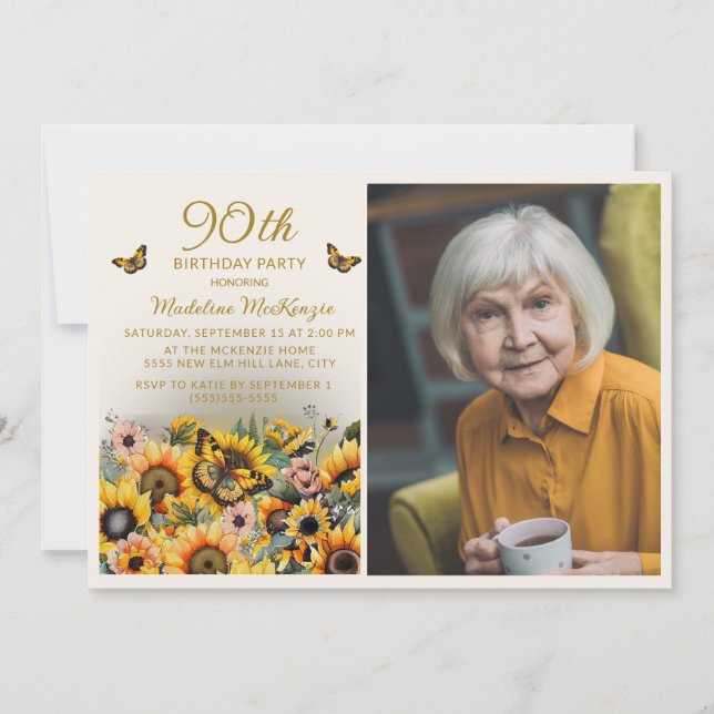 Sunflowers Butterflies 90th Birthday Party Photo Invitation (Front)