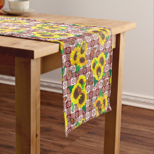 Sunflowers Butterflies Red Gingham Short Table Runner