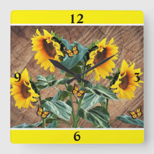 Sunflowers Butterflies Rustic Barn Board Square Wa Square Wall Clock